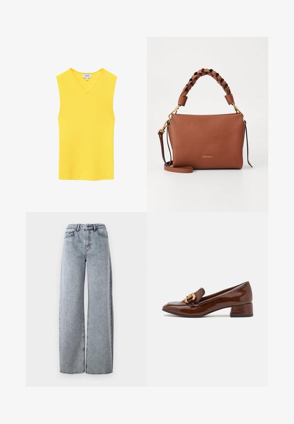 Gele mouwloze gebreide top met V-hals en geribbelde structuur, gelabeld „& Other Stories“ maat XS.; Licht gewassen denim wijde pijpen jeans met een hoge tailleband, voorzien van voorzakken, riemlussen en contrasterende stiksels.; Bruine leren loafers met een glanzende afwerking, met een decoratieve gouden gesp aan de voorkant en een lage blokhak. Klassiek ontwerp.; Bruine leren handtas met een gestructureerde afwerking, gevlochten bovenhandvat, gouden hardware en een verstelbare schouderriem. Logo op de voorkant gedrukt.