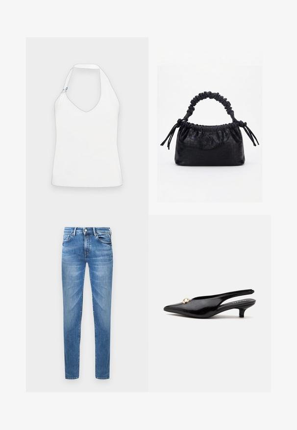 Hvid halterneck-top med en dyb V-udskæring, et unikt skulderdesign med guld- og blå hardwaredetaljer og en glat, blød tekstur.; Lyseblå denimjeans med slim fit. Funktioner inkluderer en knaplukning, fem lommer og en slidseffekt på lårene.; Sort laklæderslingback med lille hæl, spids tå og en lille rund guldbesætning på toppen.; Sort taske med krokodilletekstur, rynket øverste kant, samlet hank og snore med kvaster på hver side mod en hvid baggrund.