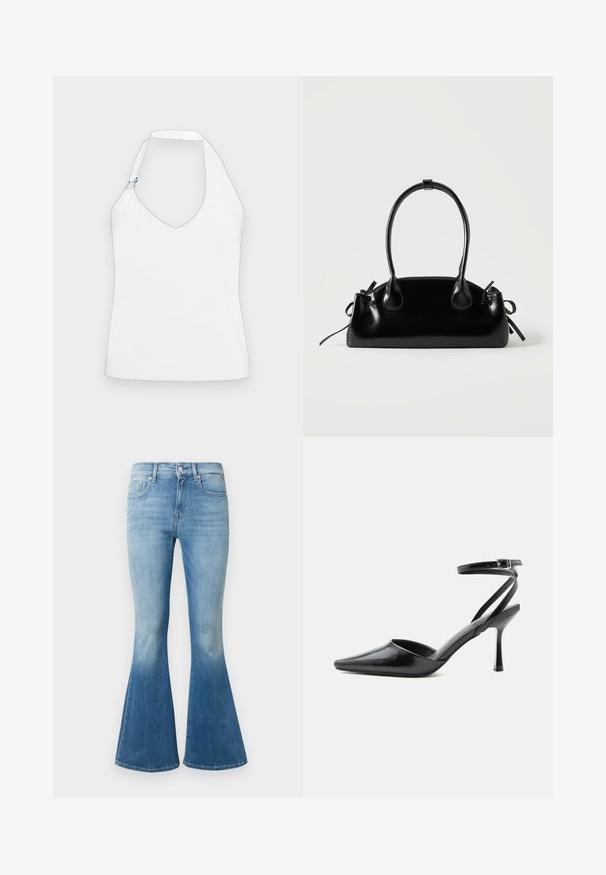 Haut halter blanc avec un décolleté en V profond, un design unique des épaules avec des accents en or et bleu, et une texture lisse et douce.; Jean flare en denim bleu clair avec taille haute, délavage léger et design classique à cinq poches avec des accents en métal.; Escarpin noir à bout pointu avec fines brides de cheville et fermeture à boucle argentée sur fond clair uni.; Petit sac à main noir brillant avec deux longues anses et des détails à cordon sur les côtés sur un fond clair uni.