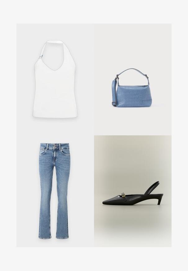 Top halter blanco con un profundo escote en V, un diseño de hombros único con detalles en dorado y azul, y una textura suave y lisa.; Pantalones vaqueros de mezclilla azul de pierna acampanada con un lavado medio, cierre de botones, diseño de cinco bolsillos y detalles cosidos en los bolsillos y el dobladillo.; Zapato de tacón bajo tipo kitten en piel negra con talón descubierto, punta puntiaguda y hebilla pequeña color dorado sobre un fondo liso.; Bolso azul claro con relieve de cocodrilo, asa corta y correa de hombro desmontable. Textura lisa con cierre de cremallera.