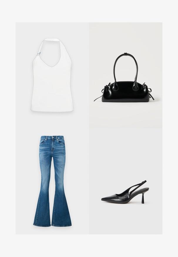 Haut halter blanc avec un décolleté en V profond, un design unique des épaules avec des accents en or et bleu, et une texture lisse et douce.; Jeans évasés en denim de poids moyen, à taille haute, de couleur bleu clair, avec un léger délavage et un design classique à cinq poches.; Chaussure à talon haut en cuir noir, à bride arrière, avec un bout pointu et un talon fin sur fond blanc.; Petit sac à main noir brillant avec deux longues anses et des détails à cordon sur les côtés sur un fond clair uni.