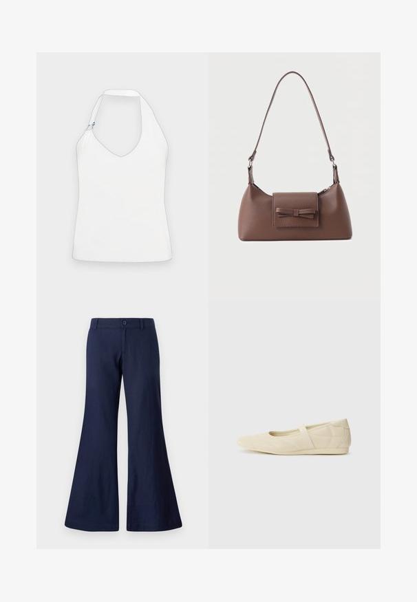 Top halter blanco con un profundo escote en V, un diseño de hombros único con detalles en dorado y azul, y una textura suave y lisa.; Pantalones acampanados azul marino hechos de algodón, con cierre de botón, presillas para cinturón y una textura suave con aberturas de pierna anchas.; Bailarinas beige con un exterior de cuero liso, punta en forma de almendra y una correa elástica en el empeine, con detalles de costura sutiles.; Bolso bandolera de cuero marrón con un bolsillo frontal de solapa que presenta un detalle de moño cosido y una correa ajustable.