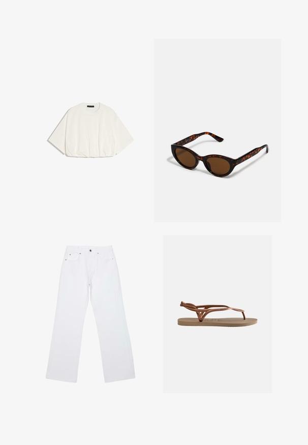 Hvid oversized cropped T-shirt med korte ærmer og rund hals på hvid baggrund.; Hvide jeans med lige ben, fem lommer, bæltestropper og lukning foran med knap og lynlås, lagt fladt på en hvid baggrund.; Flad sandal med beige sål og metallisk roseguld flettede remme, udstyret med en tåkappe og hælrem for sikker pasform.; Brune skildpadde solbriller med en vintage katteøje-form og brune linser. Har buede arme med røde detaljer.