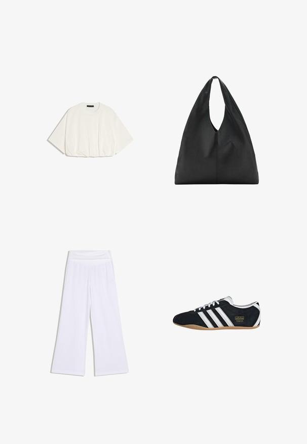 Witte oversized cropped T-shirt met korte mouwen en een ronde halslijn op een witte achtergrond.; Witte wijde broek met een hoge elastische tailleband, een ontspannen pasvorm en een gladde stof.; Zwarte suède sneaker met witte drie strepen, gouden logo en een bruine rubberen zool. Heeft een laag profiel vetersluiting ontwerp.; Zwarte leren schoudertas met een groot, nonchalant ontwerp en een diepe, langgerekte uitsnede als handvat voor gemakkelijk dragen. Gladde textuur, minimalistische stijl.