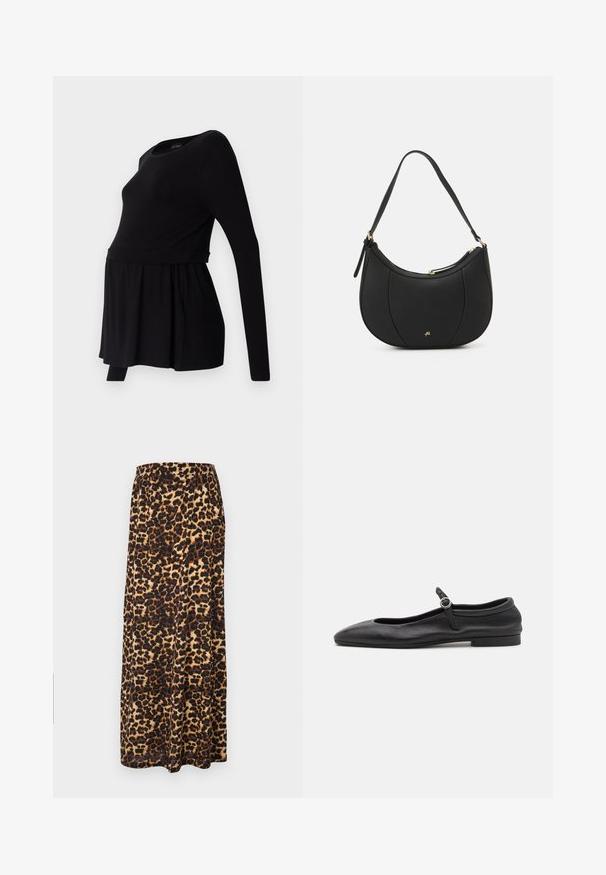 Sort langærmet graviditetstop med rund halsudskæring, løs pasform og rynket talje, lavet af blødt, strækbart stof.; Maxi nederdel i leopardprint lavet af blødt stof, med en bred elastisk talje i nuancer af sort og brun og et svævende design.; Sorte læder balletflade med en rund tå, smal vamp og en lille ankelrem med en cirkulær spænde. Lav, flad sål.; Sort læderhåndtaske med en buet form, struktureret overflade, forreste syninger og et logo i guldfarve. Har en enkelt justerbar rem.