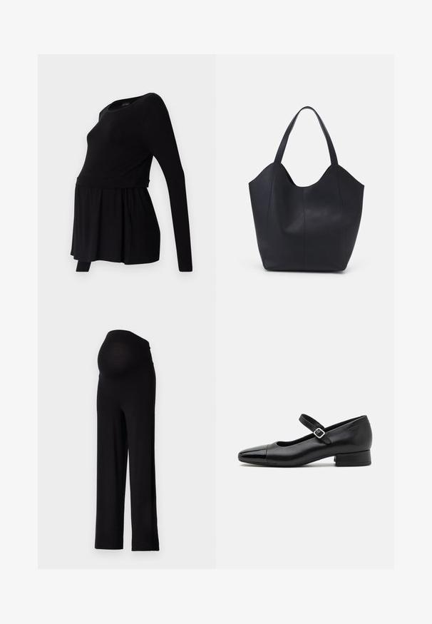 Blusa de maternidad negra de manga larga con escote redondeado, corte suelto y cintura fruncida, hecha de una tela suave y elástica.; Pantalones de maternidad negros con una cinturilla elástica y ajustada y un diseño de pierna ancha. Fabricados con una tela suave, que ofrece comodidad y soporte.; Zapatos Mary Jane de cuero negro con puntera de charol, correa de tobillo ajustable y tacón bajo. Textura suave y diseño elegante.; Bolso tote negro fabricado en cuero liso, con un diseño minimalista que presenta un borde superior curvado y dos asas para el hombro.