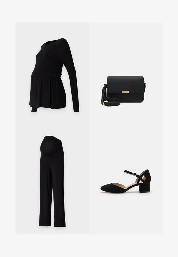 T-shirt de maternité noir à manches longues avec un col rond, coupe ample et taille froncée, fabriqué en tissu doux et extensible.; Pantalons de maternité noirs avec une taille extensible et ajustée et un design à jambes larges. Fabriqués en tissu doux, offrant confort et soutien.; Chaussure noire en daim à talon haut avec un bout pointu et un large talon bloc. Dispose d'une sangle de cheville réglable avec une boucle en argent.; Sac en cuir noir avec un rabat, accents en matériel doré, sangle réglable et surface texturée. Forme rectangulaire compacte.
