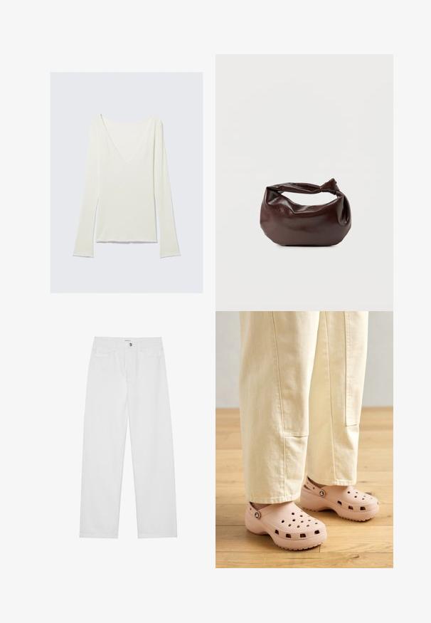 Wit nauwsluitend topje met lange mouwen, diepe V-hals en licht uitlopende mouwen, weergegeven op een effen lichtgrijze achtergrond.; Witte denim broek met een losse pasvorm, voorzien van een knoopsluiting aan de voorkant, voor- en achterzakken, en een recht model. Vlakke textuur en geen patronen.; Lichtroze klompen van rubber, met ventilatiegaten, een gevormde pasvorm en een geprofileerde zool voor grip. Draagt in combinatie met lichtbeige broek.; Donkerbruine leren schoudertas met een zachte, slungelige vorm en een gedraaide knoopvormige handgreep op een effen witte achtergrond.