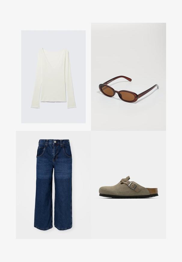 Hvid, langærmet tætsiddende top med dyb V-hals og let udvidede ærmer, vist på en ensfarvet lys grå baggrund.; Bredde ben mørkeblå jeans lavet af denim. Har fem lommer, en knaplukning og synlige sømme med en let falmet tekstur.; Suede træsko i lys olivengrøn med en formet kork- og gummisål. Har en side rem med en metal spænde og en rund tå.; Runde, bruntonede solbriller med en glansfuld bordeauxramme. Slanke arme med diskret brandingdetalje. Flad linsedesign.