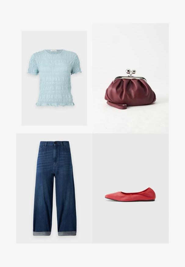 Lyseblå bluse med korte ærmer i tekstureret, rynket stof, rund halsudskæring og flæsekant ved ærmer og kant.; Mørkeblå vide denimjeans med opsmøgede hems, frontknap og lommer mod en ensfarvet lys baggrund.; Filippa K REY FLATS - Ballerinasko - bright red; Lille bordeauxlæder clutch-pung med sølv metal lukning og håndledsrem på hvid baggrund.