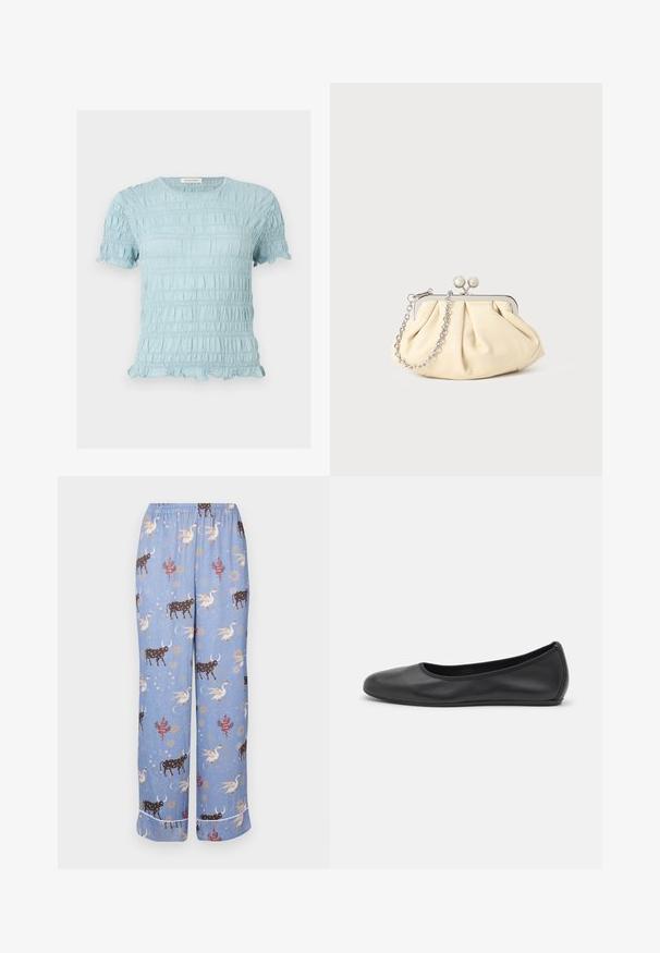 Blusa de manga corta azul claro con tejido texturizado fruncido, escote redondo y bordes con volantes en las mangas y el dobladillo.; Pantalones de pijama azules con un patrón caprichoso que presenta vacas, criaturas míticas y elementos celestiales; cinturilla elástica y piernas anchas.; Bailarina de piel negra con punta redondeada, textura suave, detalle de costura minimalista y diseño de suela flexible.; Clutch de cuero beige plisado con un marco de metal plateado, que cuenta con dos broches decorativos redondos y una correa de cadena plateada.