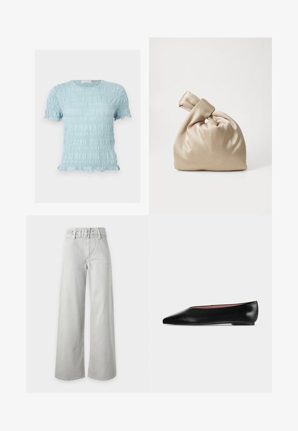 Blouse bleu clair à manches courtes avec tissu texturé froncé, encolure ronde et bords volantés aux manches et à l'ourlet.; Jean gris clair taille haute à jambes larges, avec poches avant, passants de ceinture et ceinture en tissu assortie avec boucle.; Chaussure plate en cuir noir pour femme, avec bout pointu et petit talon, vue de côté sur un fond gris clair uni.; Sac en satin beige avec un haut noué, présentant une texture douce et lisse ainsi qu'une forme arrondie, conçu pour être simple et élégant.