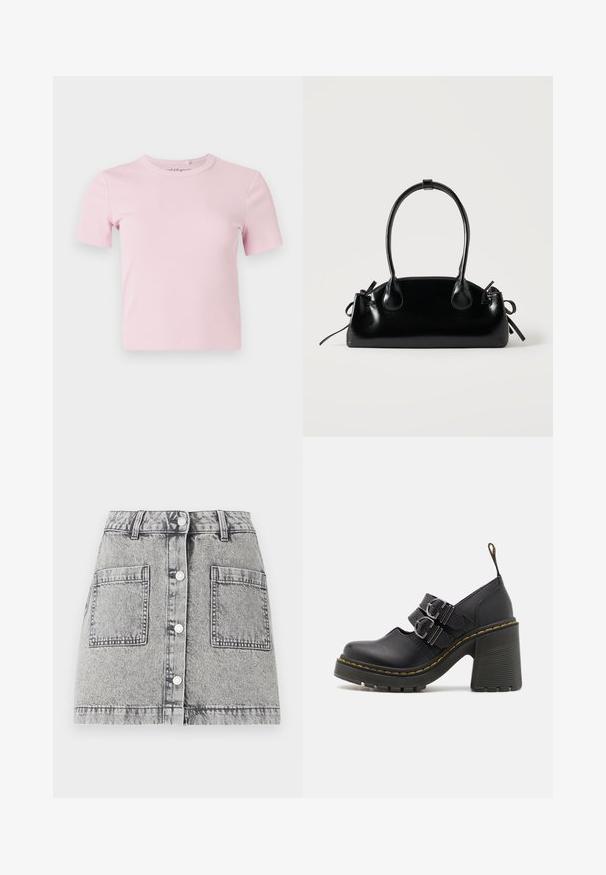 Hellrosa kurzärmeliges, geripptes T-Shirt mit Rundhalsausschnitt und tailliertem Schnitt. Der Stoff hat eine weiche Textur und minimalistische Details.; Jeansrock in hellgrau mit einem verwaschenen Textur, ausgestattet mit einer Knopfleiste, zwei großen Fronttaschen und einem geraden Schnitt.; Schwarze High Heels mit einer strukturierten Sohle, ausgestattet mit zwei silbernen Schnallen, gelben Nähten und einer Schlaufe hinten für einfaches Anziehen.; Kleine schwarze glänzende Handtasche mit zwei langen Griffen und seitlichen Kordelzug-Details vor einfachem hellem Hintergrund.