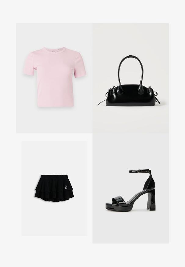 T-shirt côtelé rose clair à manches courtes avec un col rond et une coupe ajustée. Le tissu a une texture douce et un design minimaliste.; Mini-jupe noire à volants avec taille élastique et petit logo blanc sur le côté droit, présentée sur un fond clair uni.; Buffalo ALICE NEAT - Sandales à talons hauts - black; Petit sac à main noir brillant avec deux longues anses et des détails à cordon sur les côtés sur un fond clair uni.