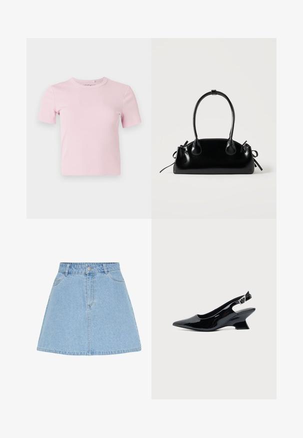 T-shirt côtelé rose clair à manches courtes avec un col rond et une coupe ajustée. Le tissu a une texture douce et un design minimaliste.; Jupe trapèze en denim bleu clair avec fermeture avant par boutons et zip, passants pour ceinture et deux poches avant.; Chaussure slingback en cuir verni noir avec bout pointu et petit talon bloc incliné sur fond clair uni.; Petit sac à main noir brillant avec deux longues anses et des détails à cordon sur les côtés sur un fond clair uni.