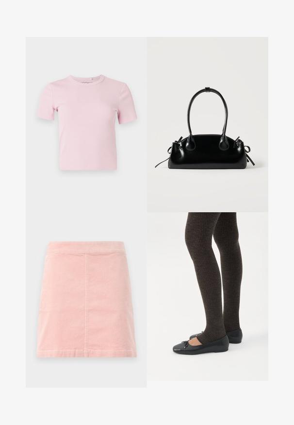 Camiseta de manga corta en rosa claro con tejido acanalado, cuello redondo y diseño ajustado. La tela tiene una textura suave y detalles mínimos.; Mini falda de pana rosa con una cintura ajustada y textura de costillas verticales. El dobladillo es recto y presenta un diseño simple sin decoraciones.; Piernas con leggings oscuros acanalados combinados con bailarinas negras que presentan pequeños detalles de lazo sobre un fondo blanco.; Pequeño bolso negro brillante con dos asas largas y detalles de cordón lateral sobre un fondo claro liso.