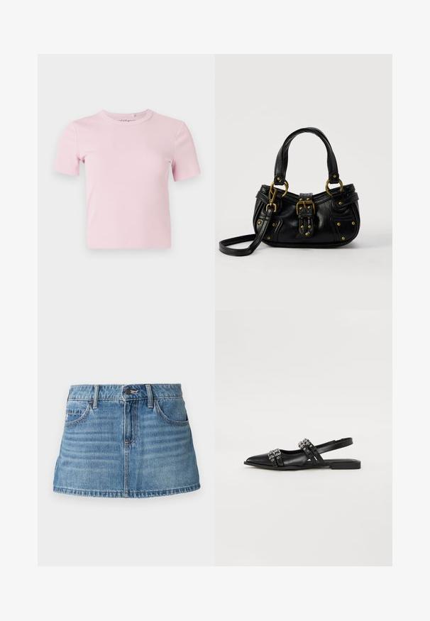 T-shirt côtelé rose clair à manches courtes avec un col rond et une coupe ajustée. Le tissu a une texture douce et un design minimaliste.; Jupe mini en denim clair avec un design structuré. Comprend des poches avant, des passants de ceinture et un léger dégradé pour ajouter de la texture.; Even&Odd Ballerines à brides arrière - black; Sac à main en cuir noir avec boucle dorée et détails à rivets, poignées courtes et bandoulière réglable sur fond blanc uni.
