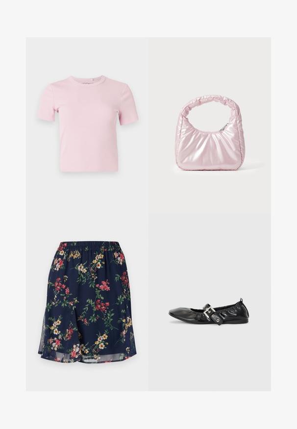 Lyserød kortærmet, ribstrikket t-shirt med rund halsudskæring og en tætsiddende pasform. Stoffet har en blød tekstur og sparsomme detaljer.; Blomsterkjole med elastisk talje, der har en marineblå baggrund pyntet med røde, gule og grønne blomstermønstre. Letvægtsstof.; Sorte læder flade sko med spids tå, samling detaljer omkring åbningen, og en sølv spænde accent på den justerbare rem.; Rosa, polstret håndtaske med afrundet design, lavet af skinnende materiale. Har et samlet håndtag og en lynlås til sikker adgang.