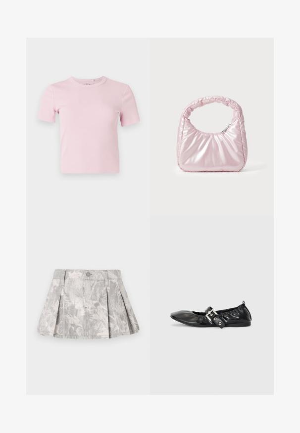 Lyserød kortærmet, ribstrikket t-shirt med rund halsudskæring og en tætsiddende pasform. Stoffet har en blød tekstur og sparsomme detaljer.; Grå denimnederdel med plisseringer, med et subtilt bladmønster i lysere nuancer. Klassisk snit med taljebånd og metalknaplukning.; Sorte læder flade sko med spids tå, samling detaljer omkring åbningen, og en sølv spænde accent på den justerbare rem.; Rosa, polstret håndtaske med afrundet design, lavet af skinnende materiale. Har et samlet håndtag og en lynlås til sikker adgang.