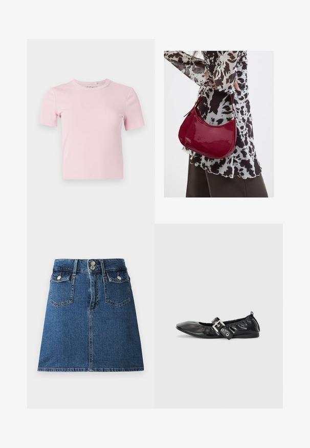 Lyserød kortærmet, ribstrikket t-shirt med rund halsudskæring og en tætsiddende pasform. Stoffet har en blød tekstur og sparsomme detaljer.; Denim nederdel i dyb blå, med en tætsiddende talje, to forlommer, to baglommer og sølvfarvede knaplukninger.; Sorte læder flade sko med spids tå, samling detaljer omkring åbningen, og en sølv spænde accent på den justerbare rem.; Kvinde iført en sort- og hvidmønstret bluse, der holder en blank rød skuldertaske mod en ensfarvet baggrund.