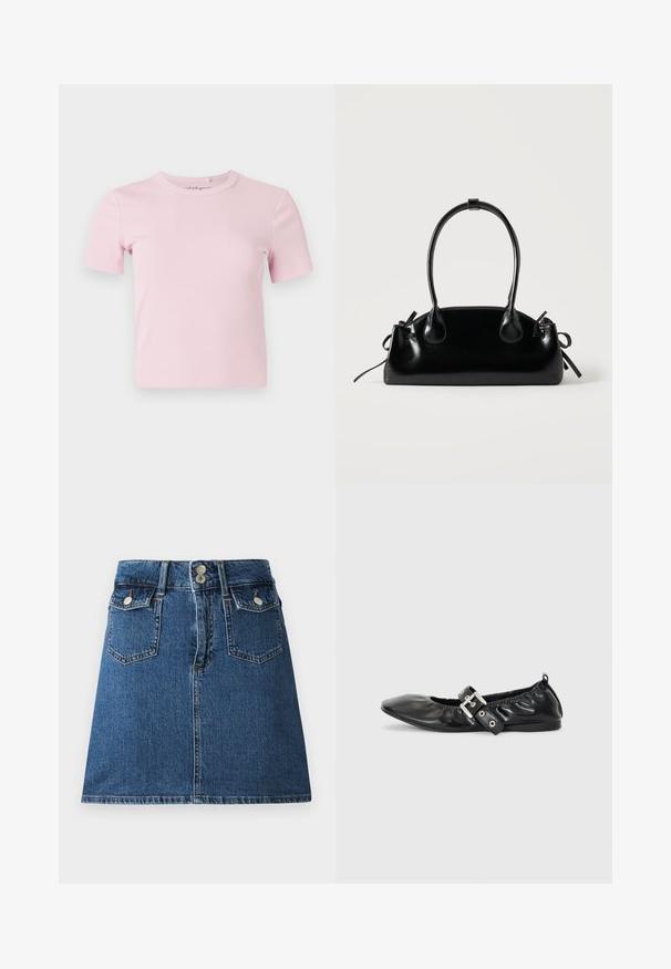 Camiseta de manga corta en rosa claro con tejido acanalado, cuello redondo y diseño ajustado. La tela tiene una textura suave y detalles mínimos.; Falda de mezclilla en azul oscuro, con una cintura ajustada, dos bolsillos frontales, dos bolsillos traseros y cierres de botón en tono plateado.; Zapato plano de piel negra con puntera afilada, detalle fruncido alrededor de la abertura y un acento de hebilla plateada en la correa ajustable.; Pequeño bolso negro brillante con dos asas largas y detalles de cordón lateral sobre un fondo claro liso.