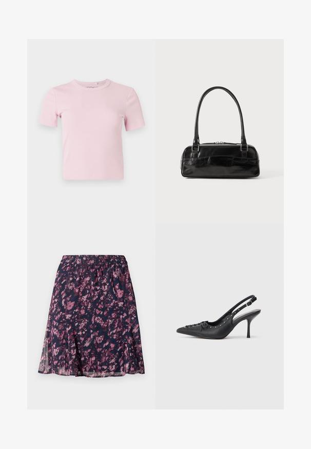 Hellrosa kurzärmeliges, geripptes T-Shirt mit Rundhalsausschnitt und tailliertem Schnitt. Der Stoff hat eine weiche Textur und minimalistische Details.; Marinefarbene Rock mit elastischem Bund, der ein pink-lila abstraktes Blumenmuster und einen leicht ausgestellt geschnittenen Saum aufweist.; Schwarzer Leder-Slingback-Stiletto mit spitzem Zehenaufsatz, seitlichem Schnallenriemen, Nieten entlang der Kante und dekorativer Schnürung vorne.; Schwarze Lederhandtasche in rechteckiger Form, mit einem stabilen Griff, silbernem Zubehör und Reißverschluss. Glatte Textur.