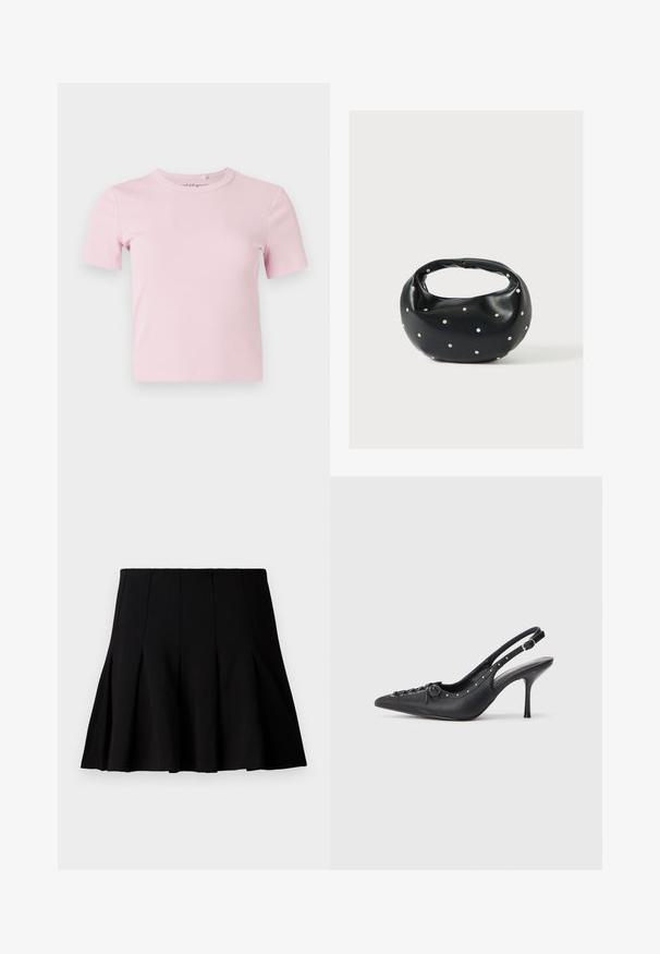 Lyserød kortærmet, ribstrikket t-shirt med rund halsudskæring og en tætsiddende pasform. Stoffet har en blød tekstur og sparsomme detaljer.; Sort kort plisseret nederdel lavet af et glat stof. Har en elastisk talje og en flagrende silhuet, der når til midten af låret.; Sorte læder slingback stiletto med spids tå, side spændebånd, nitter langs kanten og dekorativ snøring foran.; Sort læderhåndtaske med en rundet form, dekoreret med sølvnitter, og et kort håndtag. Glat tekstur og lynlåslukning.