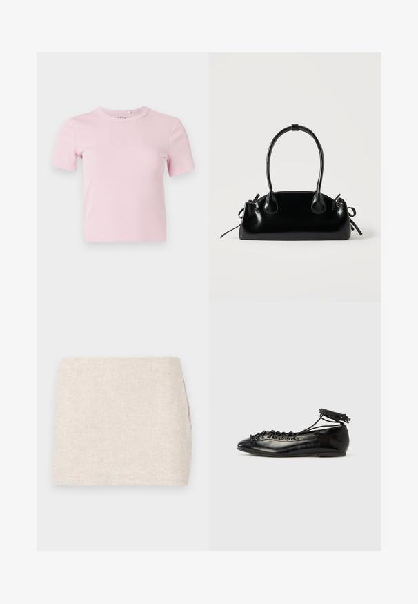 Lyserød kortærmet, ribstrikket t-shirt med rund halsudskæring og en tætsiddende pasform. Stoffet har en blød tekstur og sparsomme detaljer.; Beige linnedyr med et minimalistisk design, der har en glat tekstur og en subtil vævning. Det har en lige, simpel skæring uden synlige lukninger.; Sorte balletflade sko i laklæder med rundet tå, snørelukning og flad sål. Glat tekstur med få detaljer.; Lille sort blank håndtaske med to lange håndtag og snøre-detaljer i siden på en ensfarvet lys baggrund.