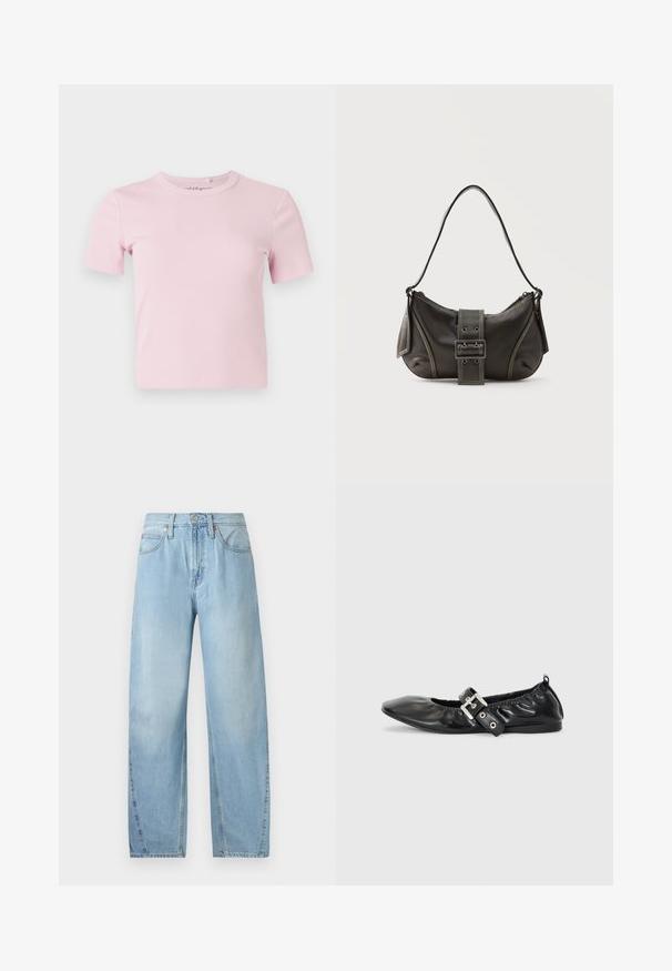 T-shirt côtelé rose clair à manches courtes avec un col rond et une coupe ajustée. Le tissu a une texture douce et un design minimaliste.; Jean en denim bleu clair avec une coupe droite, cinq poches et une fermeture éclair. Présente des coutures visibles et des accents en métal.; Chaussure plate en cuir noir avec un nez pointu, des détails froncés autour de l'ouverture et un accent en boucle argentée sur la bride ajustable.; Sac à épaule en cuir noir avec une sangle à boucle, des bords arrondis et des coutures blanches contrastées sur un fond uni.