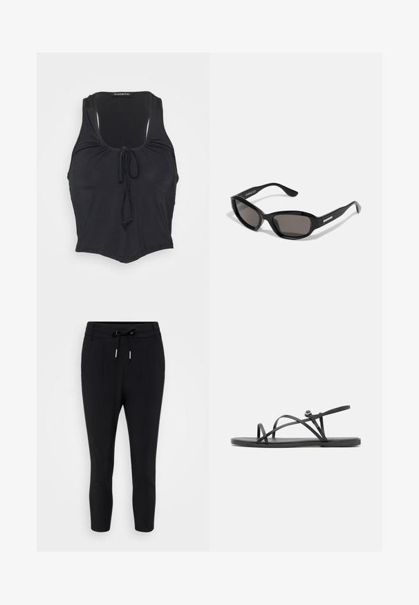 Even&Odd Top - black; Čierne nohavice do polovice lýtok vyrobené z jemného materiálu, so širokým elastickým pásom na šnúrku a dvoma prednými skladmi pre detail.; Čierne ploché sandále s tenkými, krížovými popruhmi, otvorenou špičkou a minimalistickou podrážkou. Obsahujú malý detail s prackou na nastavenie.; Čierne slnečné okuliare s obdĺžnikovým rámom, tmavými šošovkami, hladkým plastovým materiálom a kovovým akcentom na ramene.