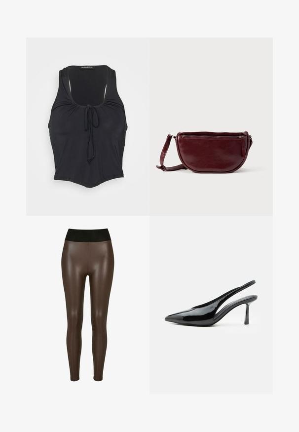 Even&Odd Débardeur - black; Pantalons en simili cuir marron avec une taille haute noire, présentant une finition lisse et brillante et un design ajusté jusqu'à la cheville.; Escarpin slingback en cuir verni noir à talon haut, bout pointu et talon aiguille fin sur fond blanc.; Sac à main en cuir marron foncé avec une forme en demi-lune, une fermeture éclair et une bandoulière amovible. Texture lisse avec un léger éclat.