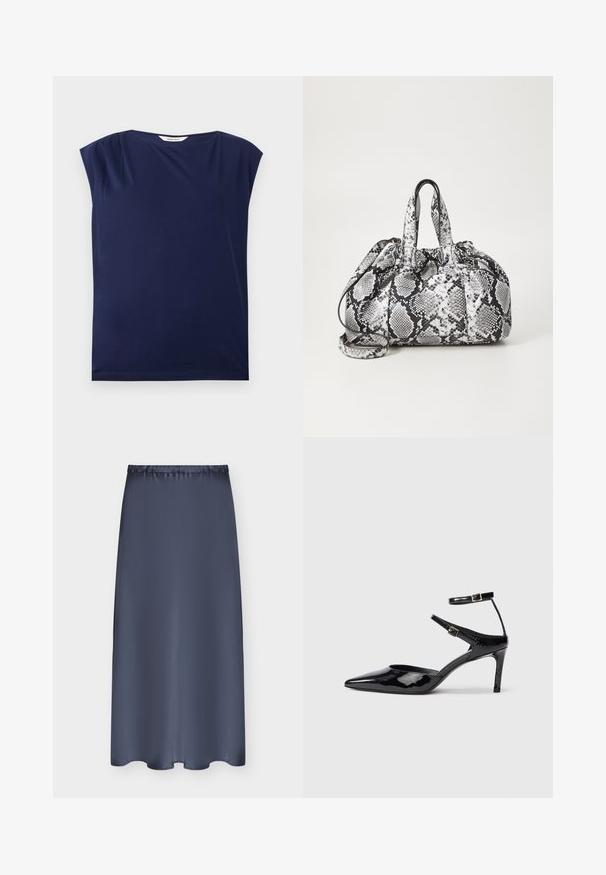 Haut sans manches bleu marine pour femme avec un col rond, de légers plis aux épaules et un ourlet droit, posé à plat sur fond blanc.; Jupe bleu marine mi-longue avec taille élastique et tissu lisse, présentée à plat sur un fond clair.; Talons en cuir verni noir avec un bout pointu, des sangles de cheville ajustables et un talon fin. Texture lisse avec une finition brillante.; Sac à main en motif peau de serpent noir et blanc avec deux poignées, une fermeture à cordon et une bandoulière amovible. Texture lisse.
