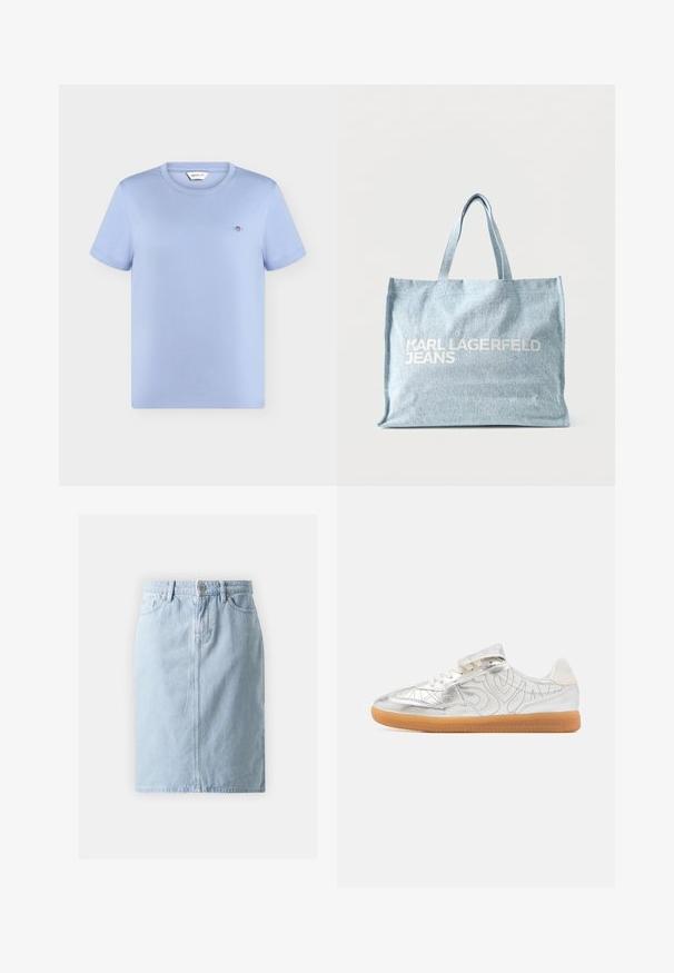 T-shirt bleu clair à manches courtes et col rond, avec petit logo brodé sur la poitrine gauche et étiquette GANT à l'intérieur de l'encolure.; Jupe en denim bleu clair avec une coupe droite, poches avant et une fermeture à bouton unique à la taille. Texture lisse avec un minimum de coutures.; Baskets métalliques argentées avec une finition lisse, des accents texturés et une semelle en caoutchouc gomme. Elles sont dotées de lacets et d'une sangle Velcro pour la fermeture.; Sac fourre-tout en tissu bleu clair avec doubles anses et logo blanc « KARL LAGERFELD JEANS » imprimé sur le devant.