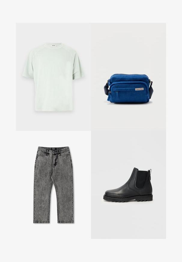 Lyse mintgrøn, kortærmet T-shirt med rund hals og raglanærmer samt Drykorn mærketag på bagsiden af kraven.; Grå denim jeans med en slidset finish, lige ben og fem-lomme design. Har et label med "FORMER" på taljebåndet.; Sorte læder Chelsea-støvler med elastiske sidepaneler, hækle-tab bagpå og robust gummisål. Glat overflade, rund tådesign.; Blå stof crossbody-taske med tekstureret overflade, med flere lynlåslommer og en skulderrem. Calvin Klein-logo på forsiden.
