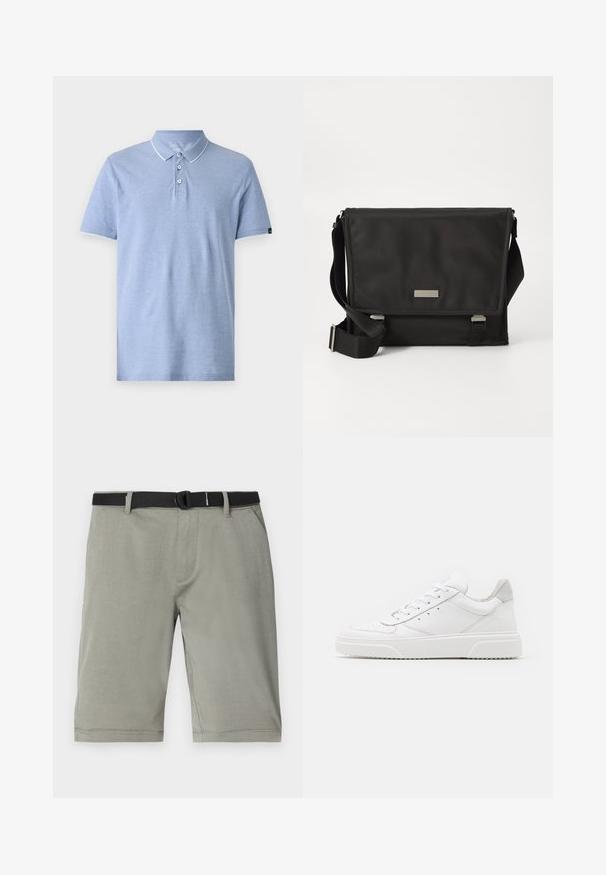 Polo shirt bleu clair en tissu doux. Doté d'un col, de trois boutons et d'une bordure blanche sur le col et les manches. Design à coupe classique.; Un short gris en tissu texturé, doté d'une ceinture noire, de poches classiques et d'un ourlet se terminant juste au-dessus du genou.; Des baskets en cuir blanc avec une finition lisse, un bout rond, des lacets plats et une semelle texturée. Accents en daim gris au niveau du talon.; Sac messager noir en nylon avec une finition mate. Il dispose d'une fermeture à rabat, d'une sangle réglable et d'une petite plaque en métal avec logo.