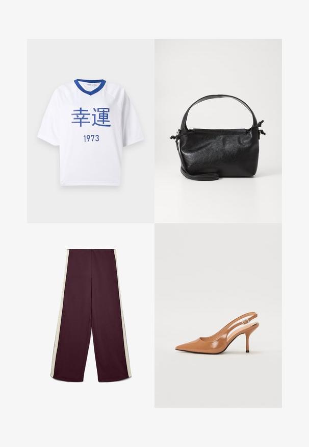 T-shirt blanc à manches courtes avec col en V bordé de bleu, comportant des caractères chinois bleus et le numéro « 1973 » imprimé sur le devant.; Pantalon bordeaux à jambes larges avec bandes blanches sur les côtés, devant plat et taille haute.; Escarpin à talon slingback à bout pointu en matériau beige lisse et brillant. Présente un design de découpes courbées et un talon aiguille fin. Détail de boucle en argent.; Sac à main en cuir noir au design structuré, avec une poignée arrondie et une bandoulière amovible. Présente une texture lisse et un éclat subtil.
