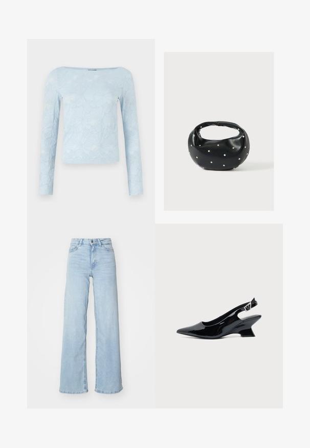 Top de manga larga azul claro con un patrón floral texturizado, escote cuadrado y diseño ajustado. Fabricado con un material suave y ligero.; Jeans de mezclilla de pierna ancha en azul claro. Presentan una cintura alta, cierre delantero con botón y dos bolsillos. Textura suave con un leve desgaste.; Zapato slingback de cuero charol negro con puntera puntiaguda y tacón bajo en bloque inclinado sobre fondo claro liso.; Bolso de mano de cuero negro con forma redondeada, decorado con detalles de tachuelas plateadas y un asa corta. Textura lisa y cierre con cremallera.