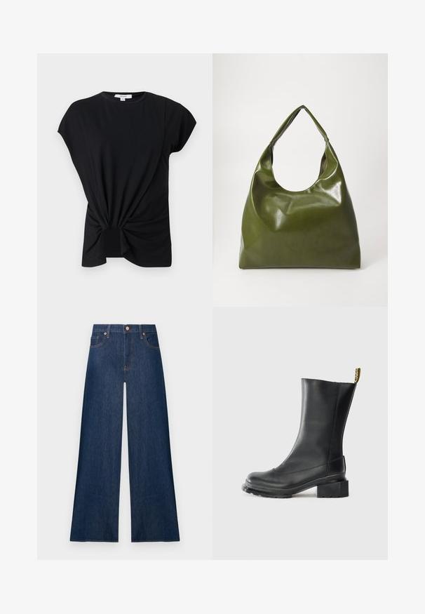 T-shirt noir à manches courtes avec encolure ronde et détail nœud à l'ourlet, présenté sur un fond clair uni.; Jean denim bleu foncé à jambes larges avec boutons avant et poches, présenté sur un fond clair uni.; Bottine en cuir noir à talon carré, texture lisse, bout rond et boucle de talon avec un marquage jaune.; Sac hobo en cuir vert au design décontracté, avec une poignée incurvée et une texture lisse. Ne contient aucun matériel ou accent visible.