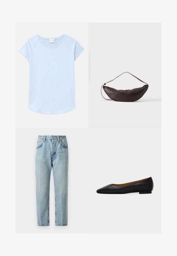 Lysblå T-shirt med korte ærmer, rund halsudskæring, afslappet pasform og buet kant. Lavet af blødt stof med en glat tekstur.; Lysblå denimjeans med lige ben, fem lommer og let slid. Har en knaplukning og bæltestropper.; Sort læder flad sko med spids tå, lav hæl og glat finish, vist fra siden på en lysegrå baggrund.; Mørkebrun læder skuldertaske i halvmåneform med buet rem og synlige syninger på ensfarvet baggrund.