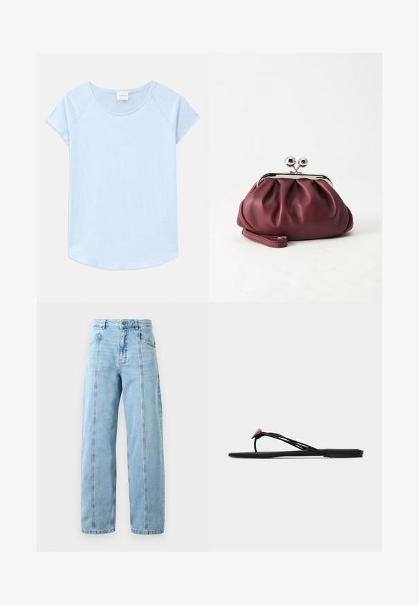 Lichtblauwe T-shirt met korte mouwen, een ronde halslijn, een ontspannen pasvorm en een gebogen zoom. Gemaakt van zachte stof met een gladde textuur.; Lichtblauwe high-waist straight-leg jeans met voortseams, zijzakken, riemlussen en een metalen knoopsluiting.; Zwarte platte teensandaal met meerdere dunne bandjes en een kleine gouden druppelvormige decoratie op het voorste bandje.; Kleine bordeauxrode leren clutch-portemonnee met zilverkleurige metalen sluiting en polsbandje op een witte achtergrond.