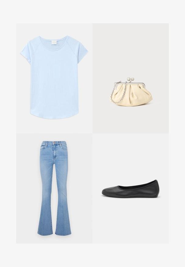 T-shirt bleu clair à manches courtes avec un col rond, coupe décontractée et ourlet arrondi. Fabriqué en tissu doux au toucher lisse.; Jean évasé bleu clair à taille haute, fabriqué en denim, avec des poches avant et une texture légèrement délavée.; Ballerines en cuir noir avec un bout rond, texture lisse, détails de couture minimalistes et design de semelle flexible.; Pochette en cuir beige plissé avec un cadre en métal argenté, dotée de deux fermoirs ronds décoratifs et d'une chaîne en argent.