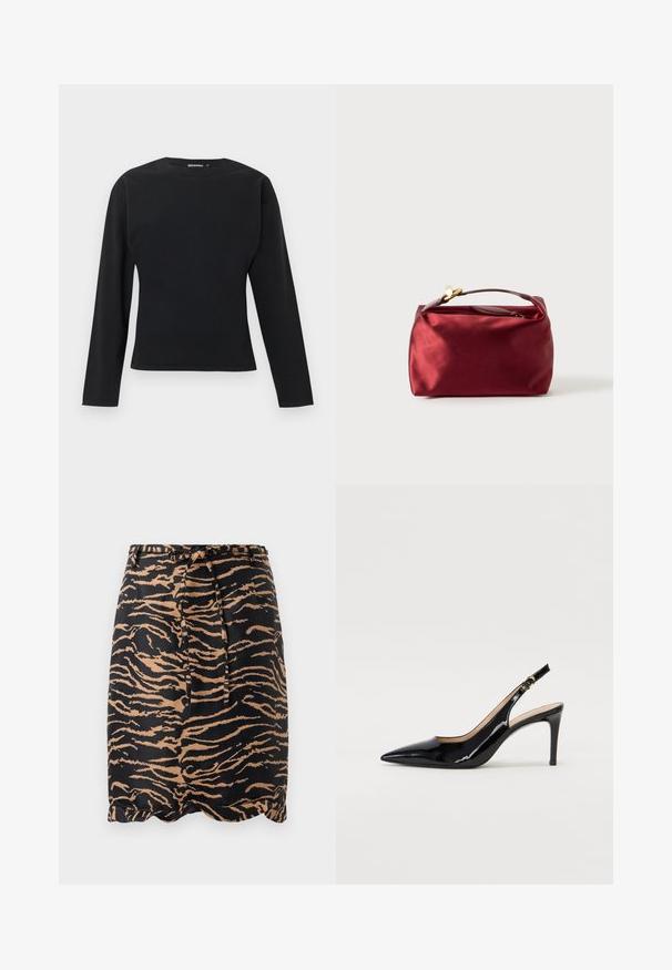 Haut noir à manches longues ajusté avec col rond et design simple, présenté sur fond gris clair.; Jupe rayée noir et fauve en tissu lisse, dotée d'une taille à nouer et d'un ourlet en dentelle.; Pompe slingback en cuir verni noir avec un bout pointu, un talon fin et un design de découpes subtil. Elle dispose d'une boucle dorée sur la sangle.; Trousse de maquillage en satin bourgogne de forme rectangulaire, avec fermeture éclair et une poignée courte. Présente un design minimaliste et une texture lisse.