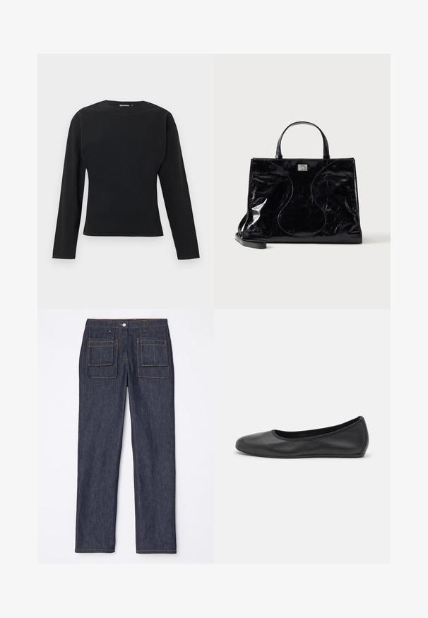 Haut noir à manches longues ajusté avec col rond et design simple, présenté sur fond gris clair.; Jean en denim bleu marine avec une coupe droite, dotés de deux poches arrière et de surpiqûres orange contrastantes.; Ballerines en cuir noir avec un bout rond, texture lisse, détails de couture minimalistes et design de semelle flexible.; Sac à main en cuir noir brillant avec poignées courtes, bandoulière amovible et détails de couture discrètement courbés à l’avant.