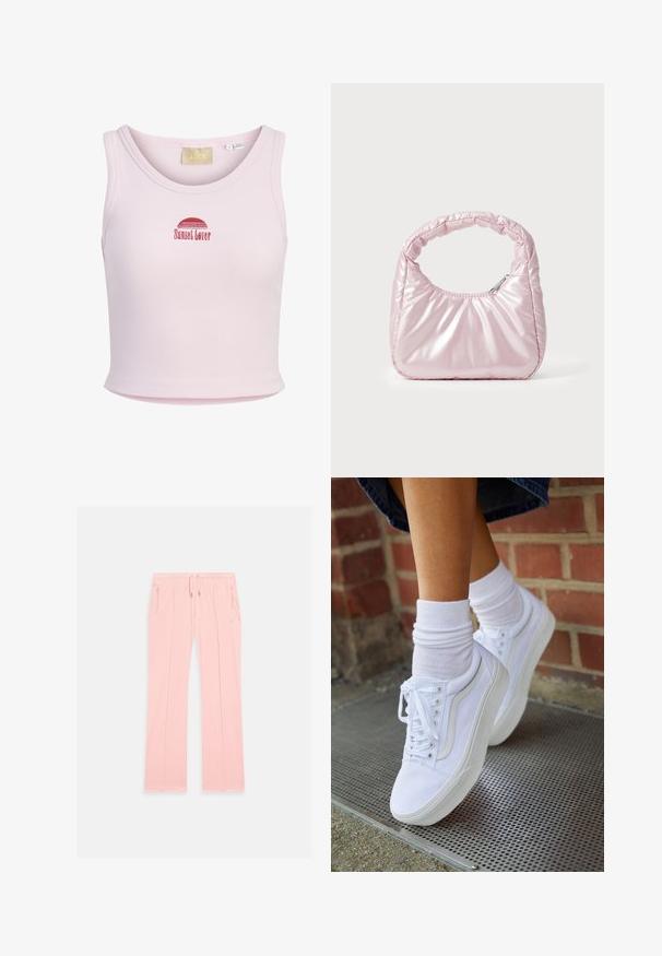 Lyserød ribbet crop tanktop med rund halsudskæring, med rødt broderet halvcirkel og teksten "Sunset Lover" på brystet.; Lyserøde sweatpants lavet af blød stof, med en snoretræk i taljen, sidelommer med lynlås og diskrete syninger langs benene.; Hvide lærreds sneakers med gummisåler, der har seks snørehuller, rund tå og let sømdetaljer, krydret med hvide ankelstrømper.; Rosa, polstret håndtaske med afrundet design, lavet af skinnende materiale. Har et samlet håndtag og en lynlås til sikker adgang.