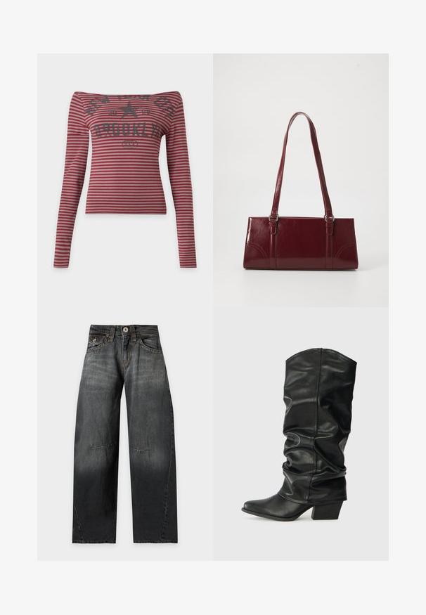 Rood-wit gestreept shirt met lange mouwen, boothals en vervaagde zwarte tekst en stergrafiek met de tekst "Brooklyn USA."; Zwarte jeans met wijde pijpen, knoopsluiting, voor- en achterzakken en zichtbare naaddetails op de benen.; Zwarte leren laarzen tot de knie met een verslonden ontwerp, puntige neus en een chunky hak, voorzien van een zachte textuur en minimale stiksels.; Bourgondische handtas van glanzend materiaal, rechthoekige vorm, met twee schouderbanden en subtiele gebogen accenten aan de voorkant.