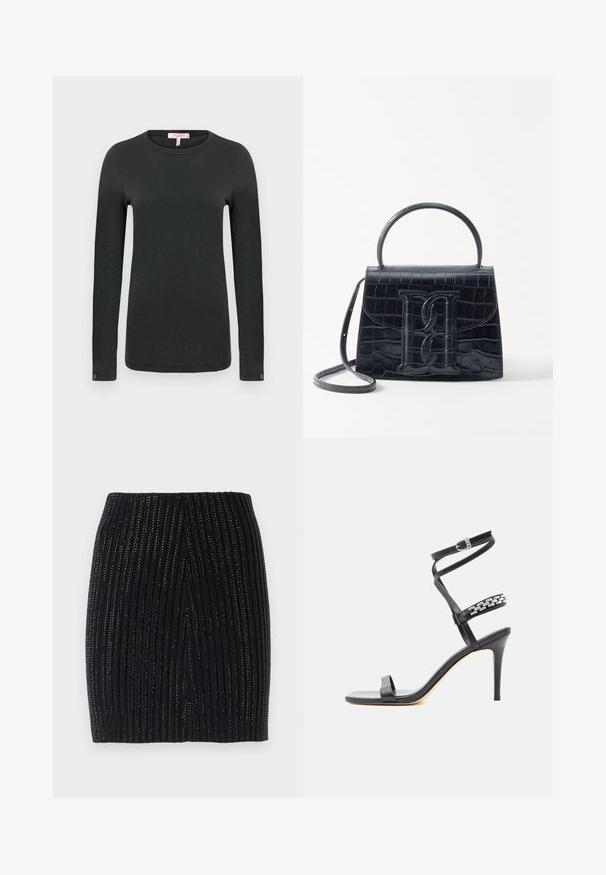 rag & bone THE SLUB - Top s dlhým rukávom - black; Čierna pletená mini sukňa s vertikálnym ryhovaním a jemnými kovovými vláknami. Má priliehavý strih a stredný zadný rozparok pre pohodlný pohyb.; Čierna sandála na vysokom opätku s úzkym remienkom okolo členka, remienkom v strede chodidla ozdobeným striebornými reťazovými článkami a otvorenou špičkou.; Čierna kabelka z krokodílovej embosovanej kože so štruktúrovaným dizajnom, horným uchom, nastaviteľným popruhom a výrazným predným logom.