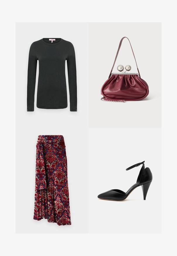 rag & bone THE SLUB - Top s dlhým rukávom - black; Rabanne Maxisukňa - tapestry/navy/burgundy/red/cream; Čierny kožený vysoký podpätok so špicatou špičkou, opaskom okolo členku a kužeľovitým podpätkom na bielom pozadí.; Malá bordová kožená kabelka so záhybmi, tenkým remienkom a striebornou prackou s dvoma veľkými okrúhlymi gombíkmi.