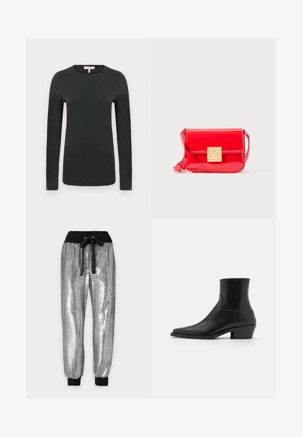 rag & bone THE SLUB - T-shirt à manches longues - black; Pantalons jogger en sequins argentés avec une taille élastique noire, un cordon de serrage et des poignets noirs aux chevilles pour un ajustement fuselé.; Bottine en cuir noir avec un bout carré, finition mate et un petit talon carré. Présente un design lisse et épuré sans ornements.; Sac bandoulière en cuir verni rouge avec un fermoir en logo doré, texture lisse et sangle ajustable, présentant une forme rectangulaire et une fermeture à rabat.