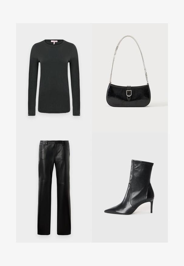 rag & bone THE SLUB - Langærmet T-shirt - black; Sorte læderbukser med lige snit, udstyret med en knap ved taljen, fem lommer og synlige sømme langs sømmene.; Sorte ankelstøvler lavet af glat læder, med spids tå, tætsiddende skaft og en slank høj hæl. Minimalistisk design uden synligt hardware.; Sort skuldertaske i laklæder med sølv spænde og sølv kæderem, vist mod en ensartet lys baggrund.