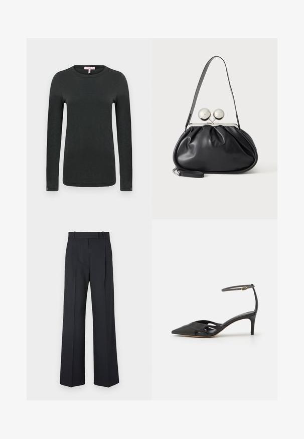 rag & bone THE SLUB - Μπλούζα με μακριά μανίκια - black; Σκούρες μπλε παντελόνες με ρίγες, ψηλόμεσες, σε σχέδιο φαρδιού ποδιού, χωρίς ορατό εξοπλισμό ή διακοσμητικά στοιχεία. Λείος υφασμάτινος χαρακτήρας και εφαρμοστή γραμμή.; Μαύρο δερμάτινο ψηλοτάκουνο παπούτσι με μυτερή μύτη, ανοιχτές πλευρές και λεπτό λουράκι στον αστράγαλο που διαθέτει μια μικρή χρυσή λεπτομέρεια.; Μαύρη δερμάτινη τσάντα με στρογγυλό σχέδιο, μονό λουρί, ασημένιο μεταλλικό πλαίσιο και δύο μεγάλους στρογγυλούς ασημένιους κλειδώματα.